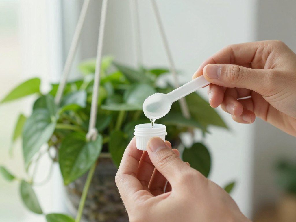 A hanging plant being fertilized with liquid fertilizer using a measuring spoon for precise application
