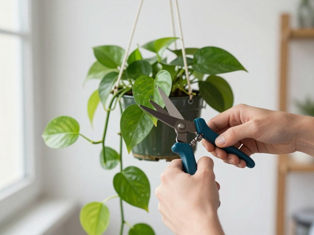 A hanging plant being pruned to maintain its shape and encourage fuller growth