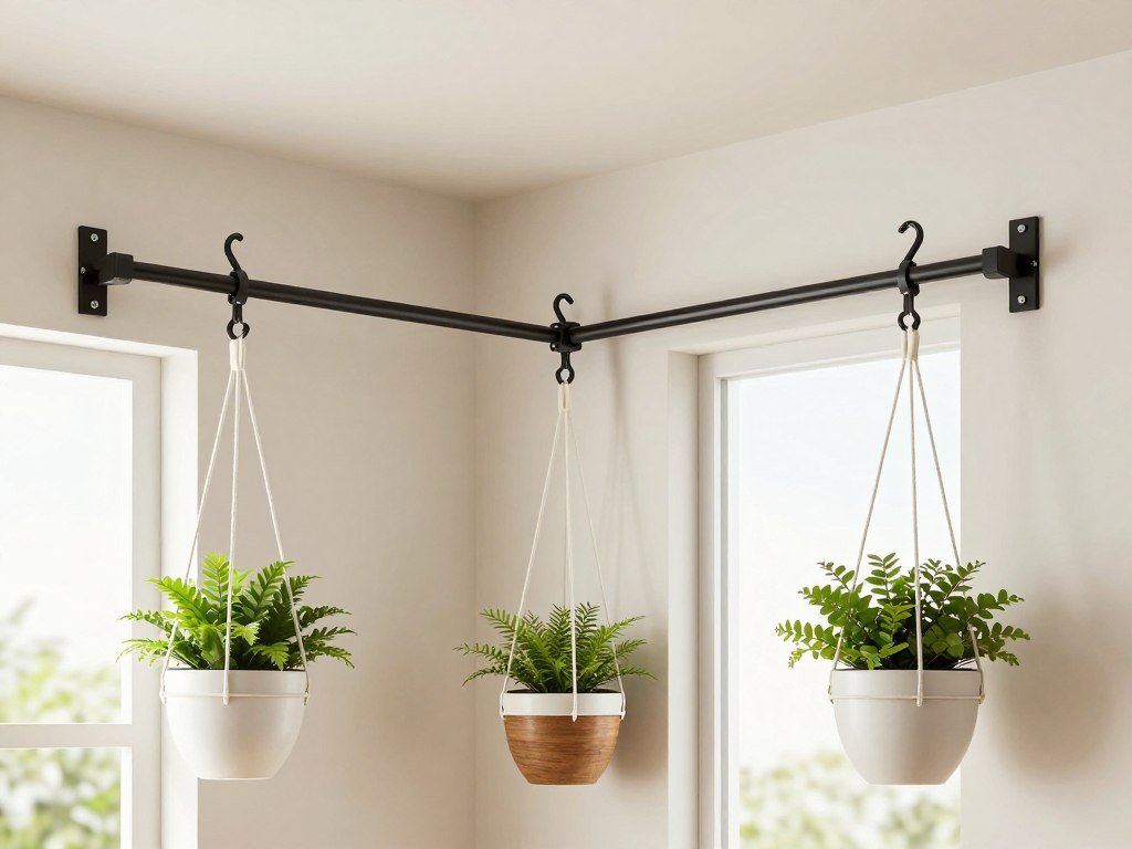 A hanging planter installation showing different hanging mechanisms including hooks, brackets, and tension rods