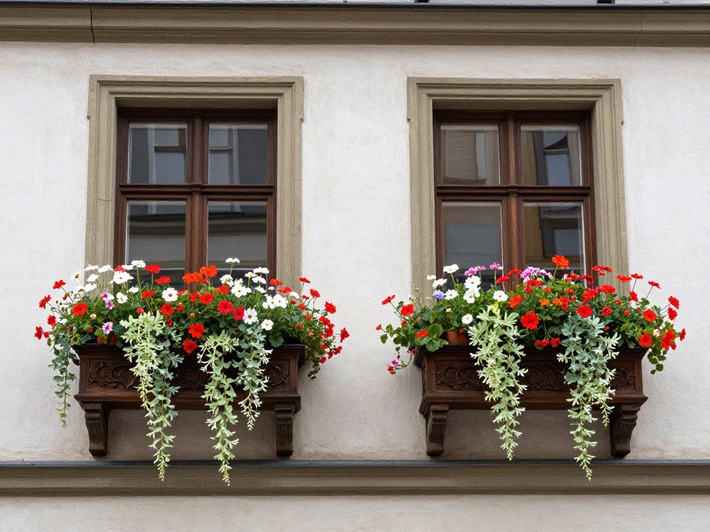 A historic European building with ornate window planter boxes filled with cascading flowers A historic European building with ornate window planter boxes filled with cascading flowers