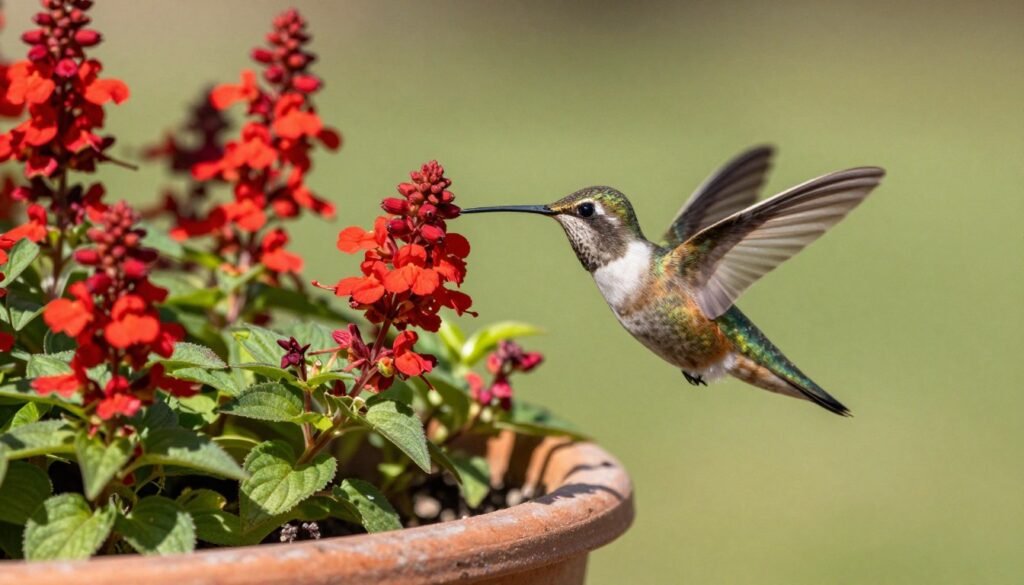 A hummingbird visiting a container garden with bright red salvias and cupheas