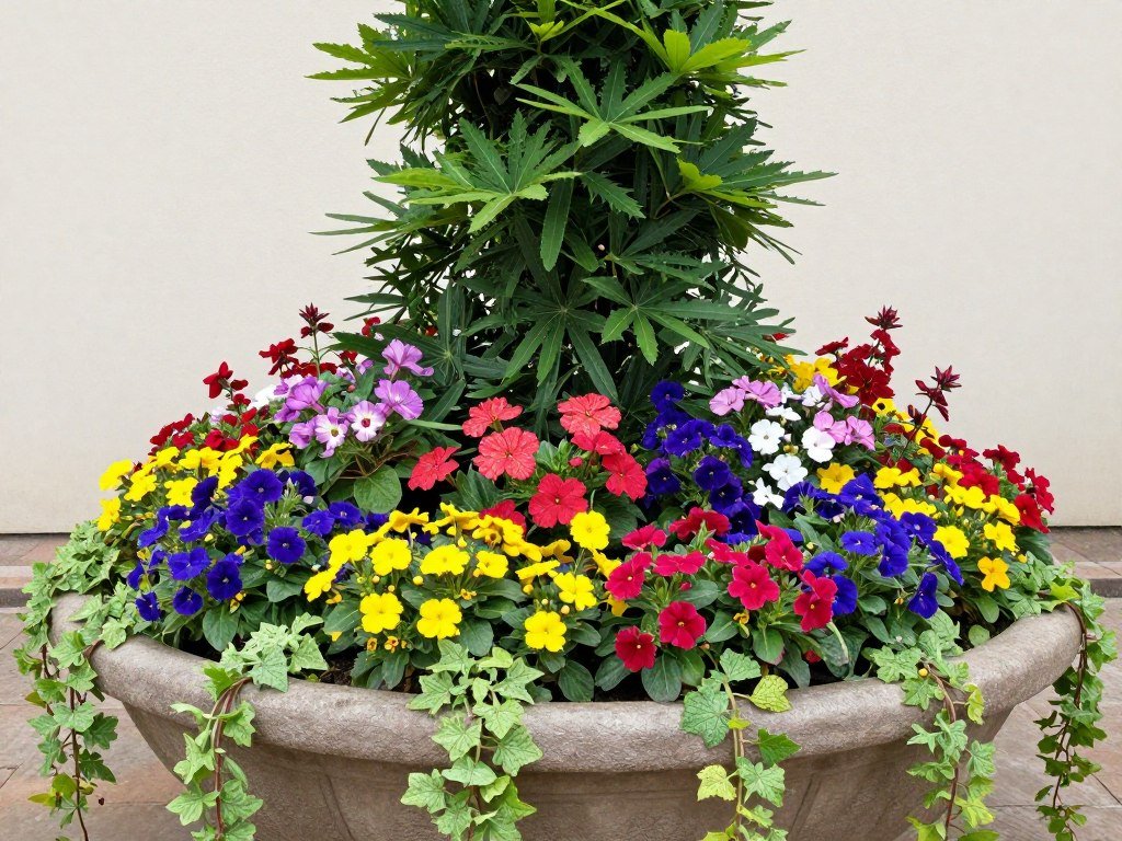 A large container garden demonstrating the thriller, filler, spiller technique with tall centerpiece plants, mid-height fillers, and trailing plants
