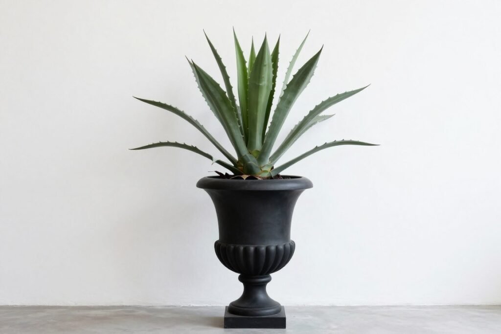 A large modern black urn planter with a single dramatic agave plant against a white wall