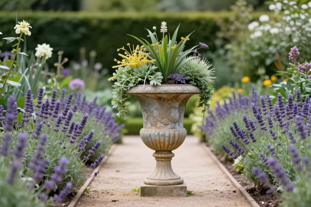 A large ornate urn planter as a focal point at the end of a garden path surrounded by lavender