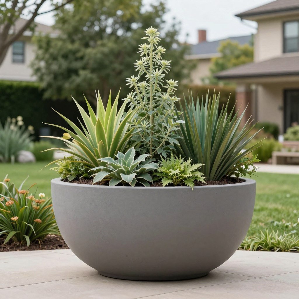 A large outdoor planter creating a focal point in a garden with architectural plants