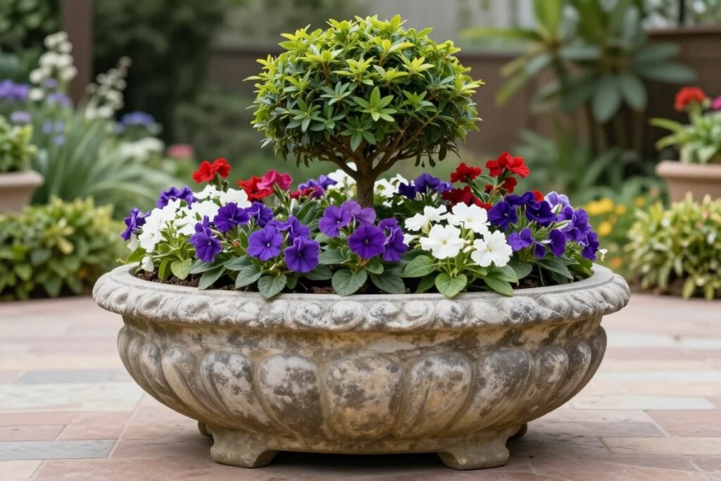 A large statement flower planter containing a small tree surrounded by colorful annuals, demonstrating proper sizing for plant health