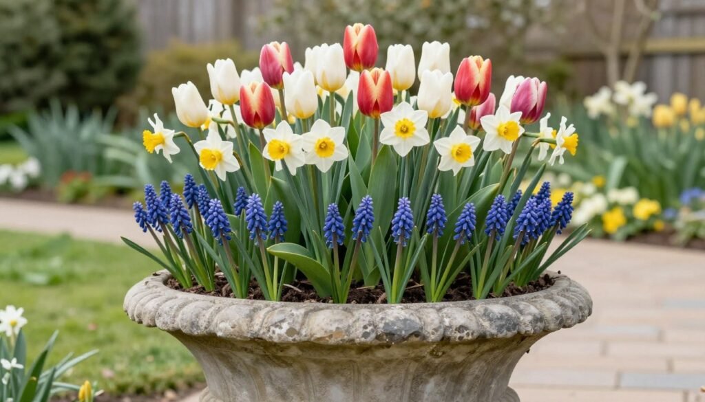 A large urn planter with a stunning arrangement of spring bulbs including tulips, daffodils and grape hyacinths A large urn planter with a stunning arrangement of spring bulbs including tulips, daffodils and grape hyacinths