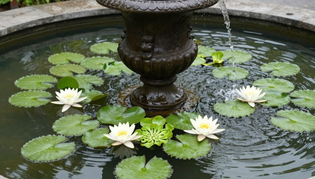 A large urn transformed into a small water feature with water plants and a gentle bubbler