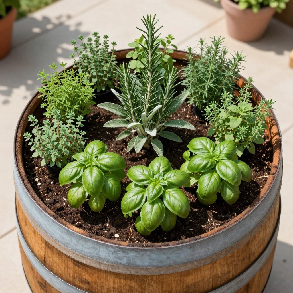 A large wooden whiskey barrel filled with soil and planted with a variety of herbs arranged in a circular pattern A large wooden whiskey barrel filled with soil and planted with a variety of herbs arranged in a circular pattern
