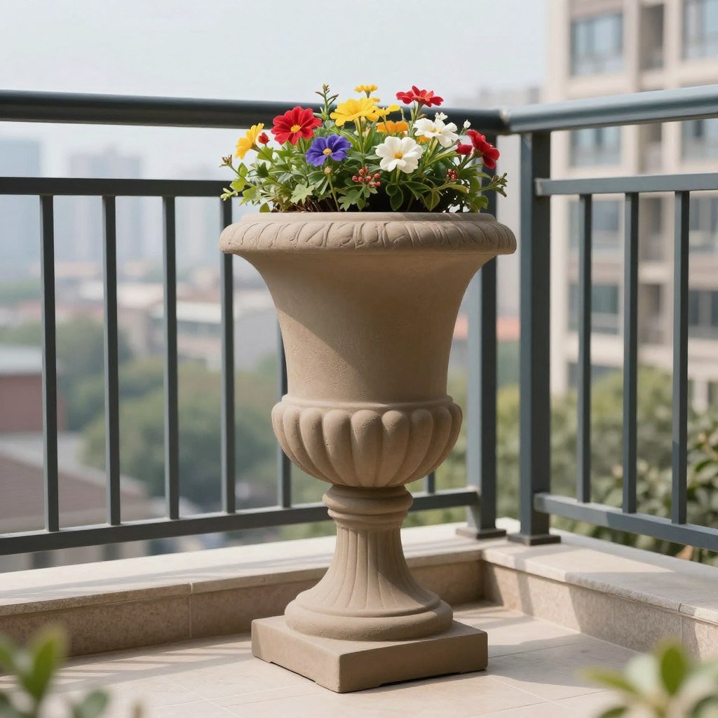 A lightweight fiberglass urn planter with faux lead finish on an urban balcony garden
