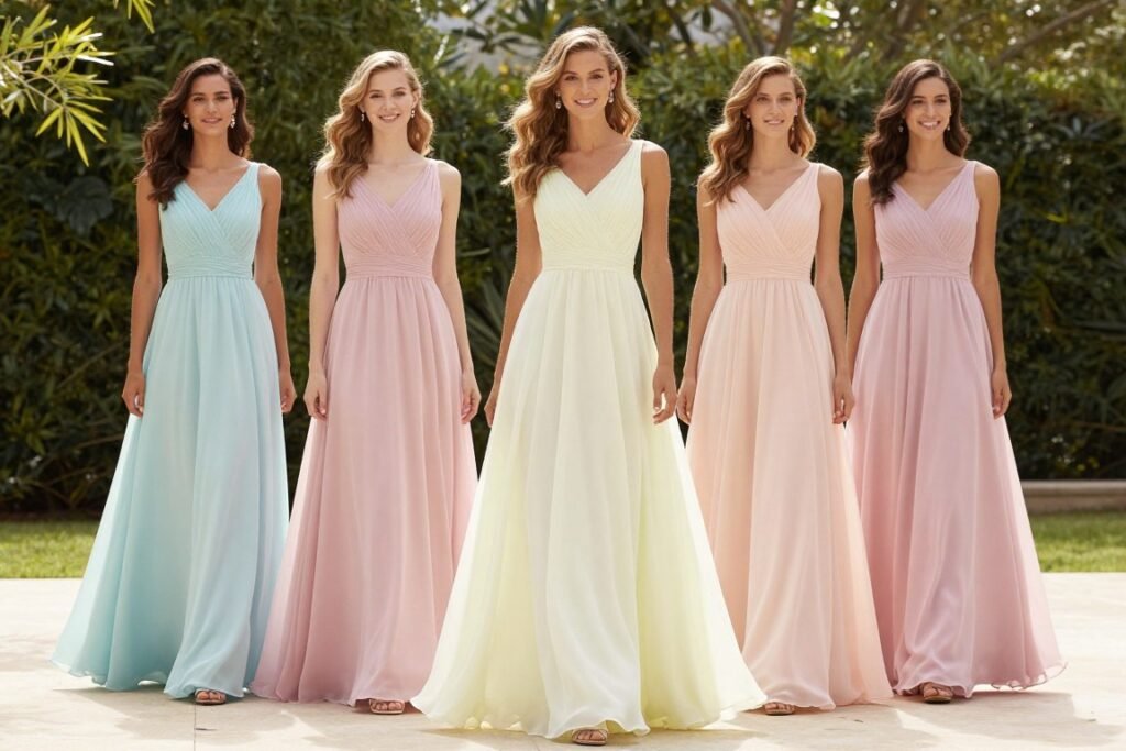 A-line pastel bridesmaid dresses in chiffon fabric A-line pastel bridesmaid dresses in chiffon fabric