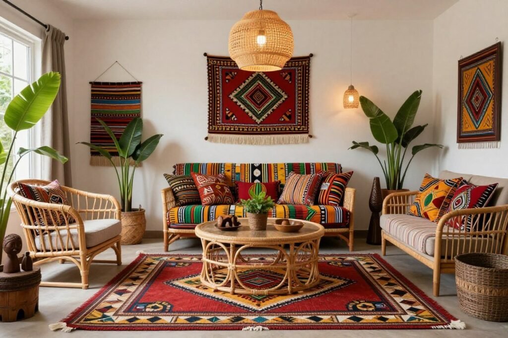 A living room showcasing key afro boho decor elements including textiles, natural materials, and plants A living room showcasing key afro boho decor elements including textiles, natural materials, and plants