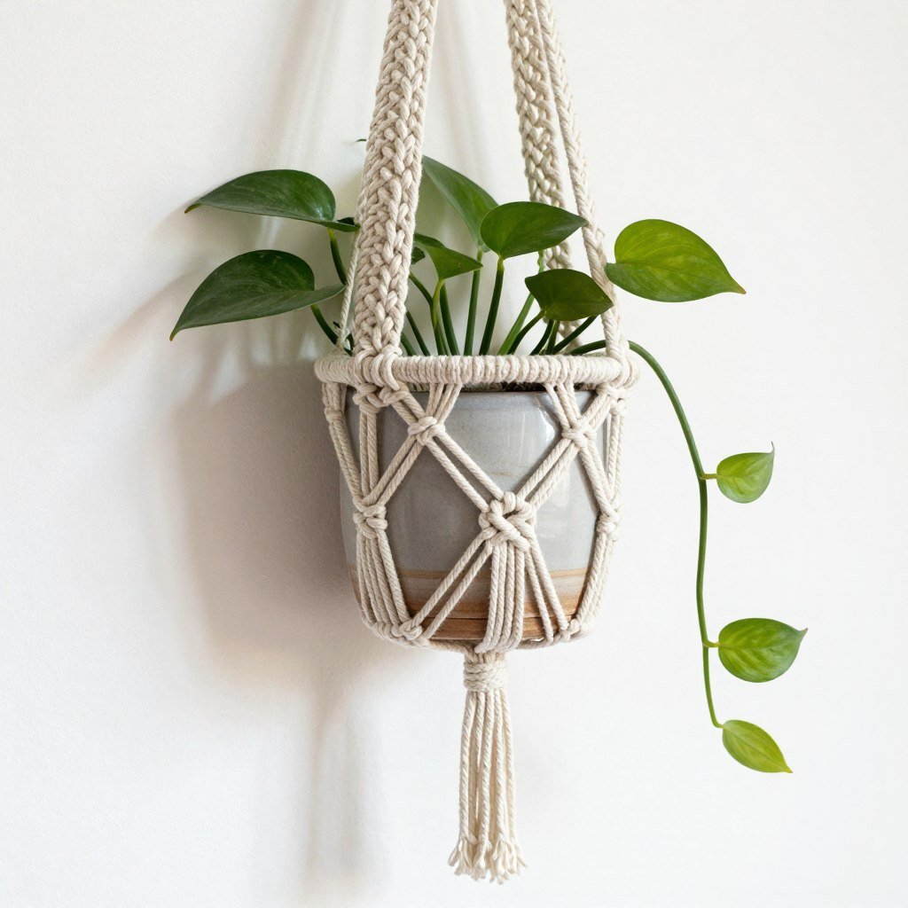 A macramé hanging planter with a pothos plant against a white wall, showing the intricate knotting pattern