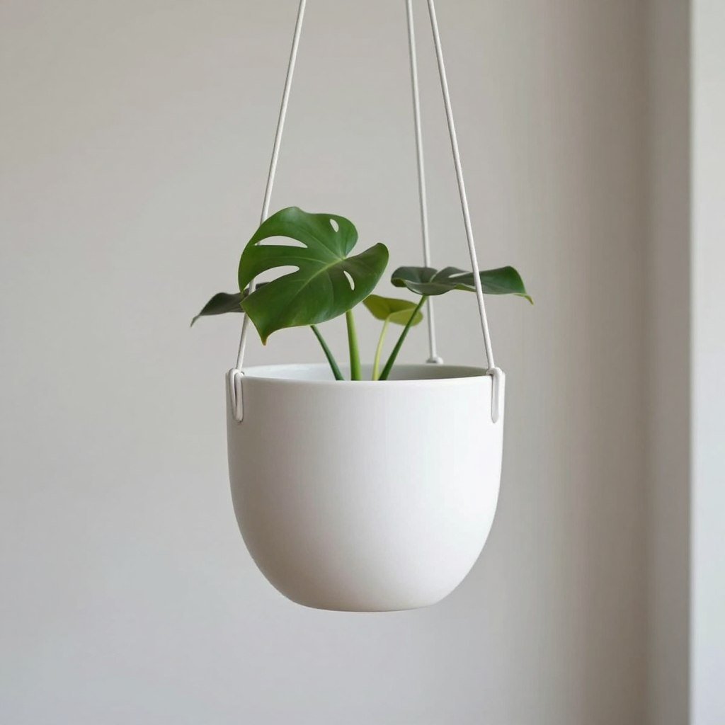 A modern ceramic hanging planter in white with a monstera plant, suspended from the ceiling with thin metal cables