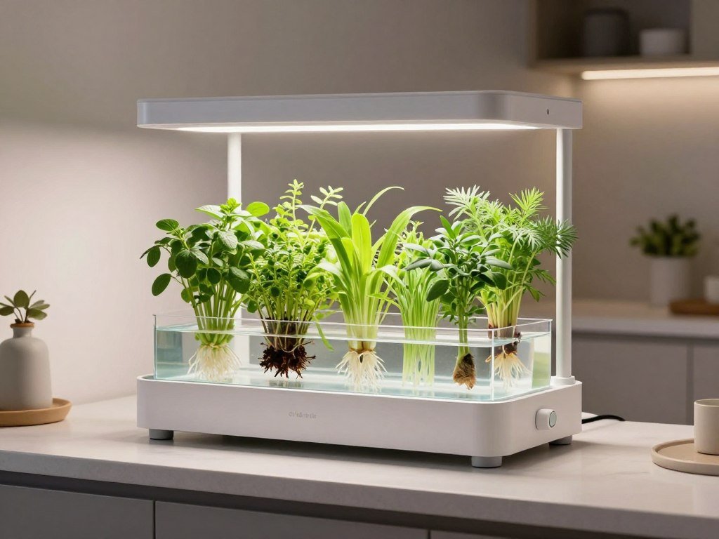 A modern countertop hydroponic system with LED grow lights and multiple herbs growing in water pods, no soil visible A modern countertop hydroponic system with LED grow lights and multiple herbs growing in water pods, no soil visible