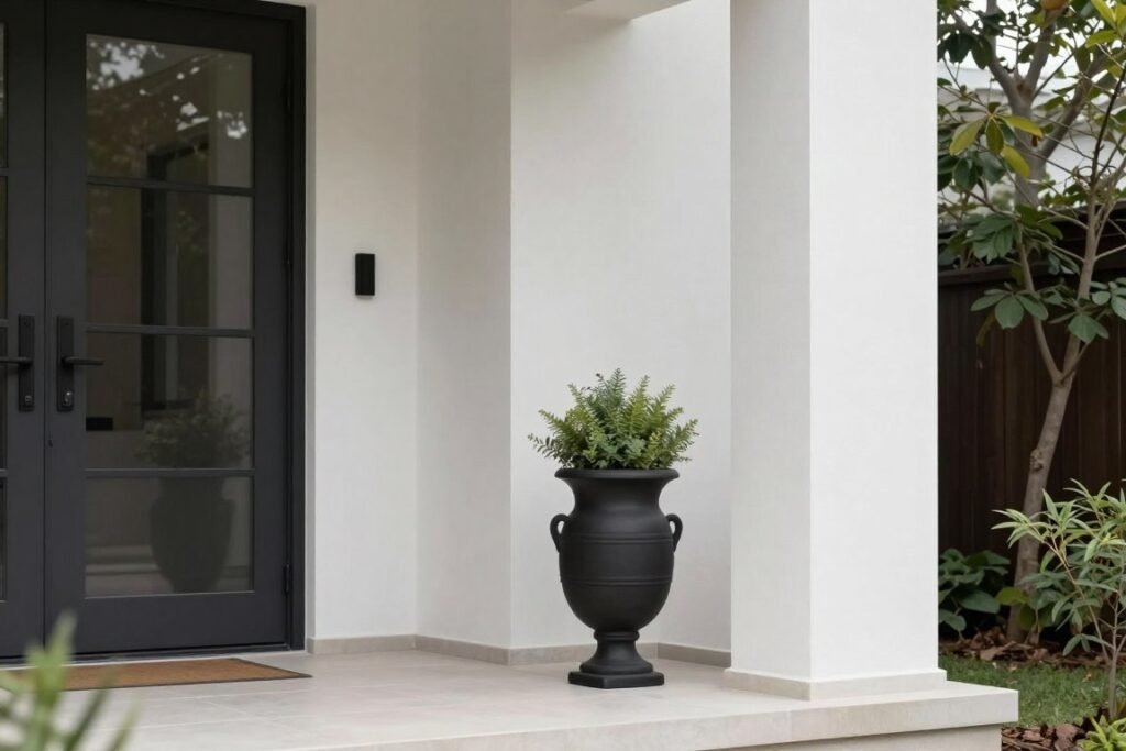 A modern home entrance with contemporary urn planters that complement the architectural style