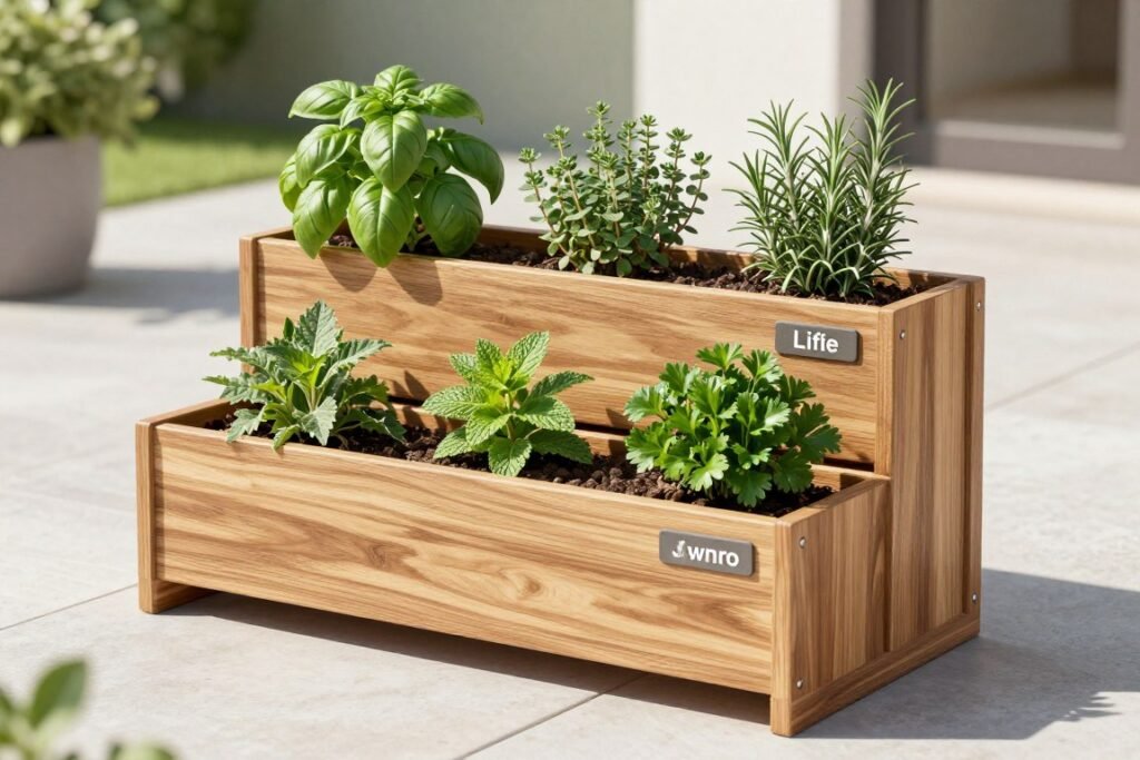 A modern tiered planter box with various herbs growing in separate sections