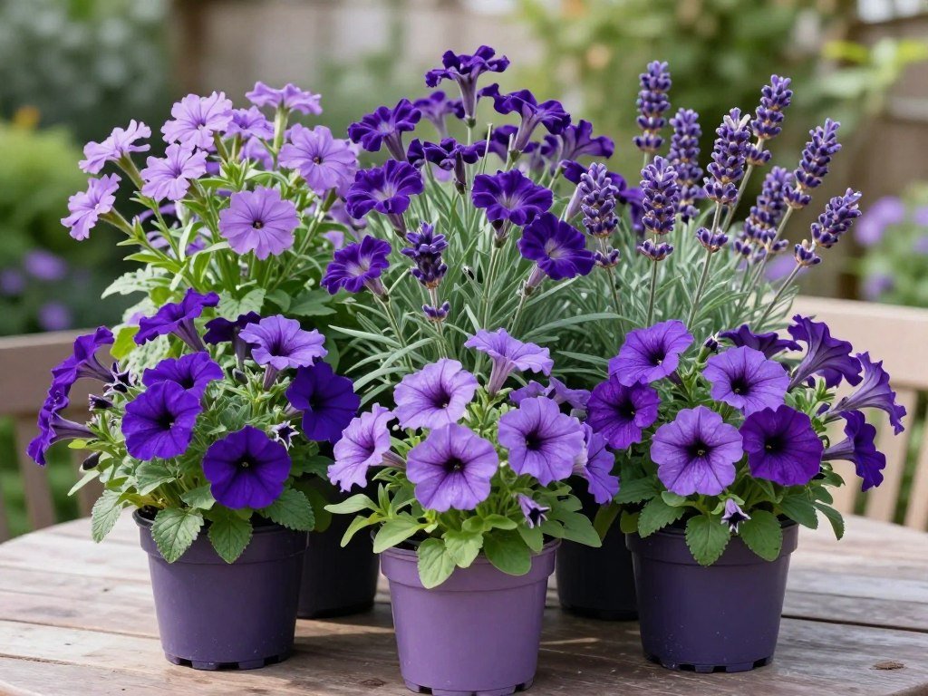 A monochromatic container garden with various shades of purple flowers including verbena, petunias and lavender A monochromatic container garden with various shades of purple flowers including verbena, petunias and lavender