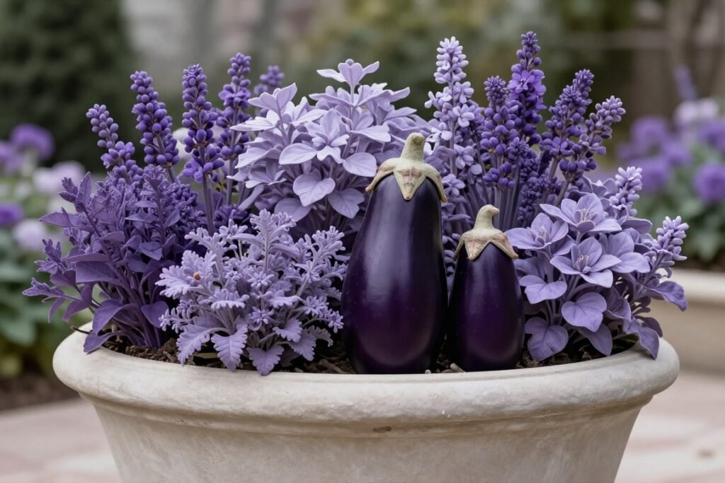 A monochromatic flower planter arrangement in shades of purple and lavender creating a sophisticated, harmonious display