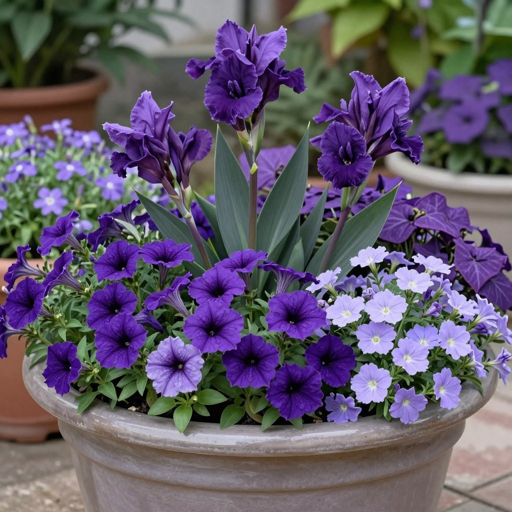 A monochromatic planter arrangement featuring various shades of purple flowers and foliage plants