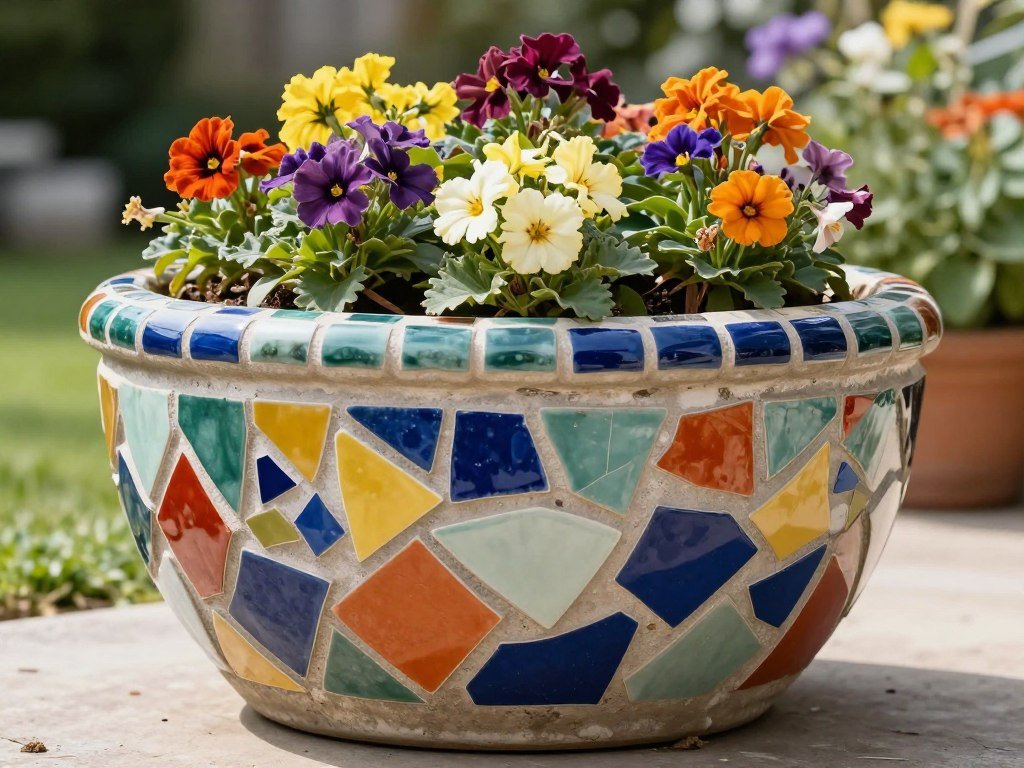 A mosaic planter made from broken ceramic tiles in vibrant colors holding colorful flowers A mosaic planter made from broken ceramic tiles in vibrant colors holding colorful flowers