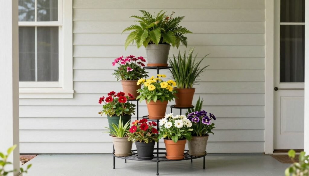A multi-level plant stand with various potted plants creating vertical interest on a small front porch A multi-level plant stand with various potted plants creating vertical interest on a small front porch