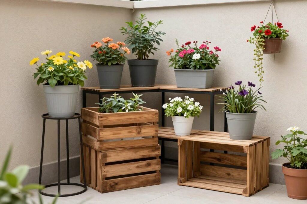 A multi-level planter display on a patio with containers at various heights creating visual interest