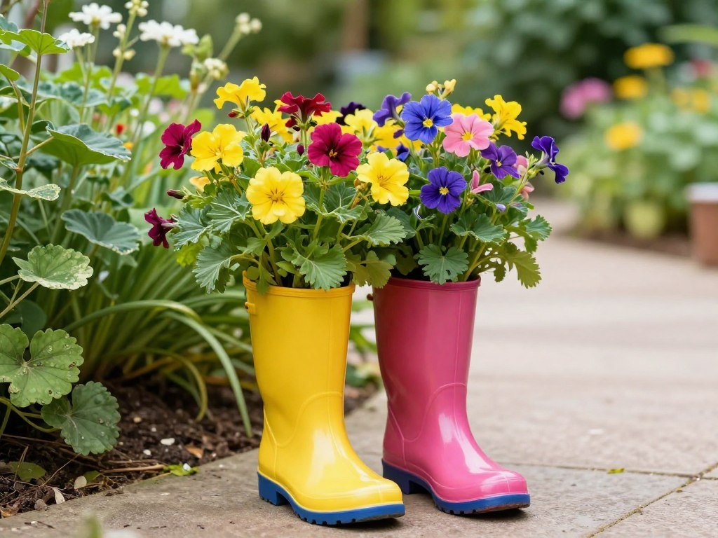 A pair of colorful rain boots repurposed as flower planters with bright blooms spilling over the tops A pair of colorful rain boots repurposed as flower planters with bright blooms spilling over the tops