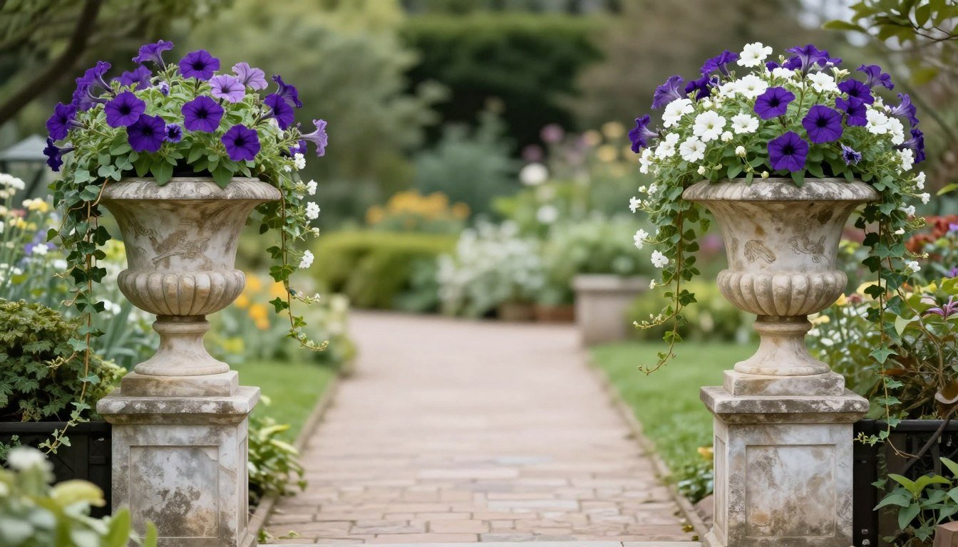 A pair of elegant stone urn planters flanking a garden pathway, overflowing with colorful summer flowers