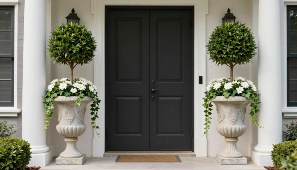 A pair of matching large urn planters flanking an elegant front entrance with coordinated plantings
