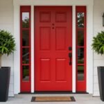 A pair of tall black modern planters flanking a colorful front door with lush green plants creating a welcoming entryway