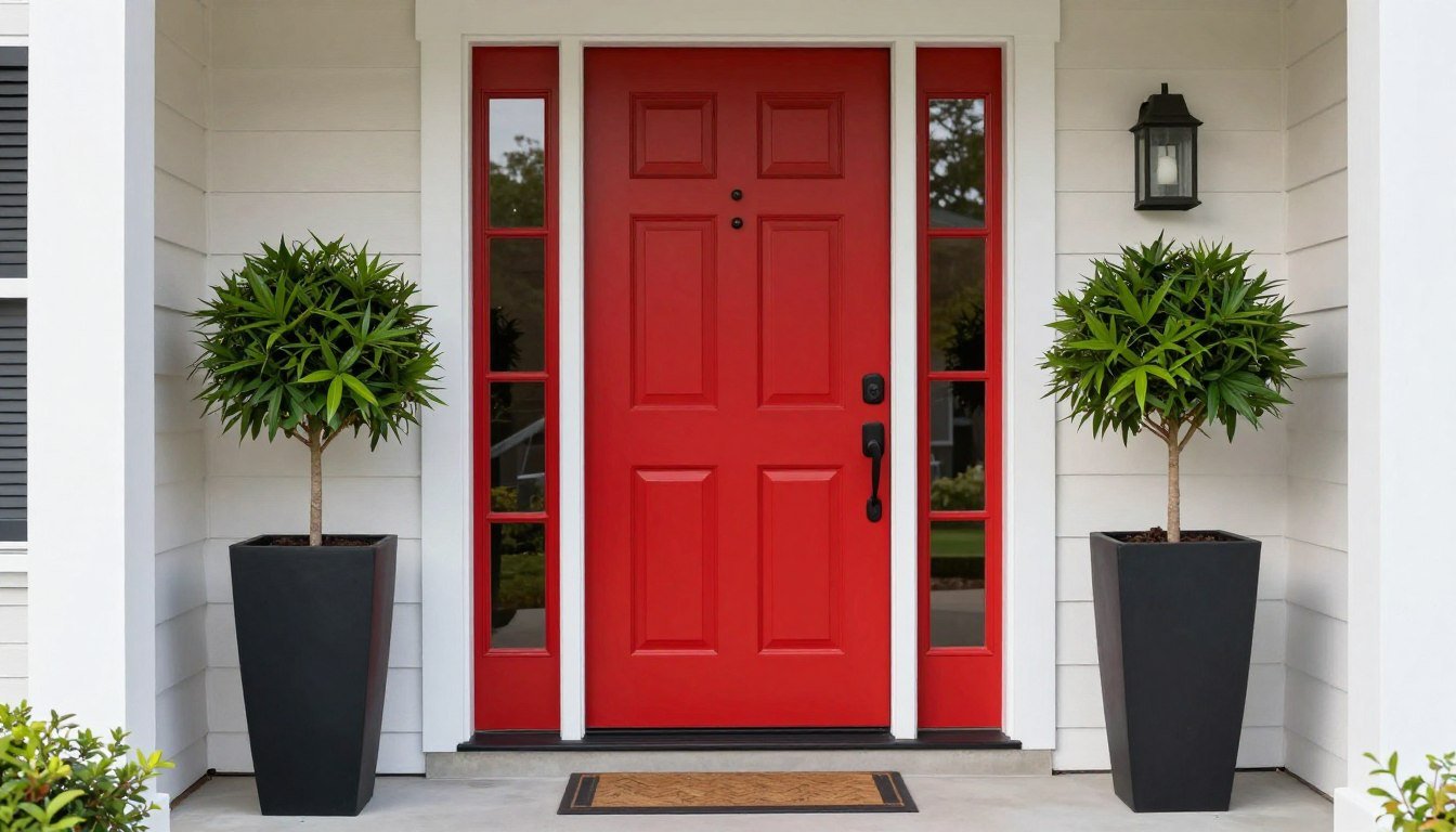 A pair of tall black modern planters flanking a colorful front door with lush green plants creating a welcoming entryway