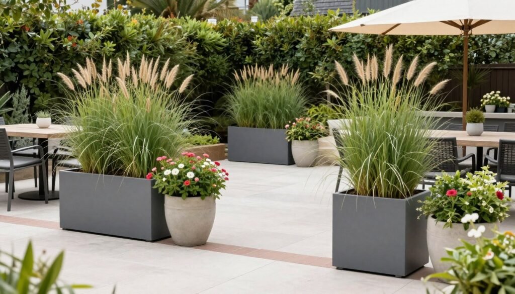 A patio area with container gardens used to define different functional spaces
