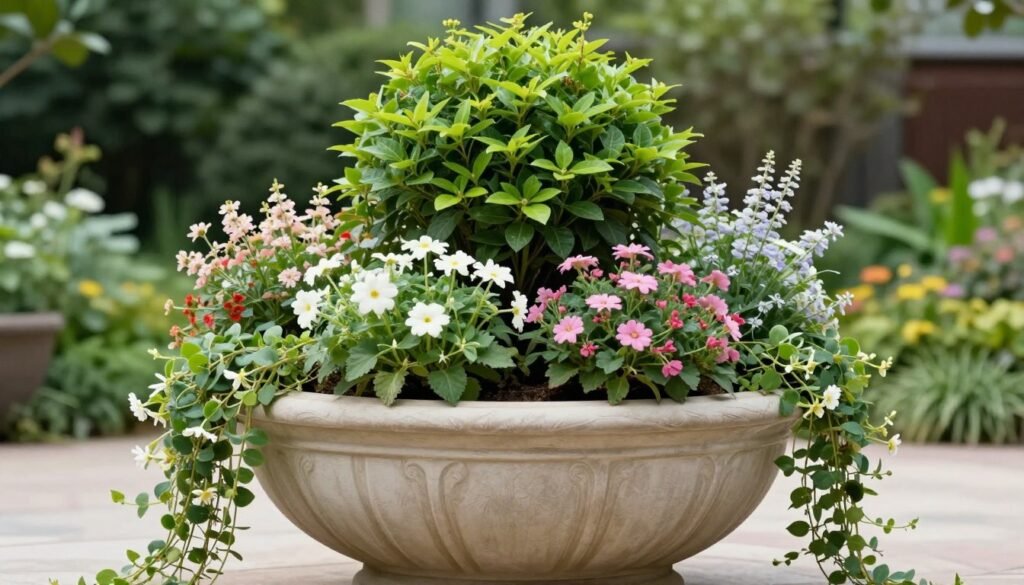 A perfectly balanced flower planter demonstrating the thriller-filler-spiller technique with a tall centerpiece, mid-height plants, and trailing elements