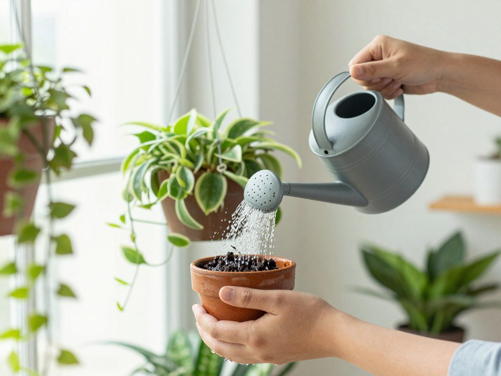 A person carefully watering a hanging plant with a long-spouted watering can to avoid spillage