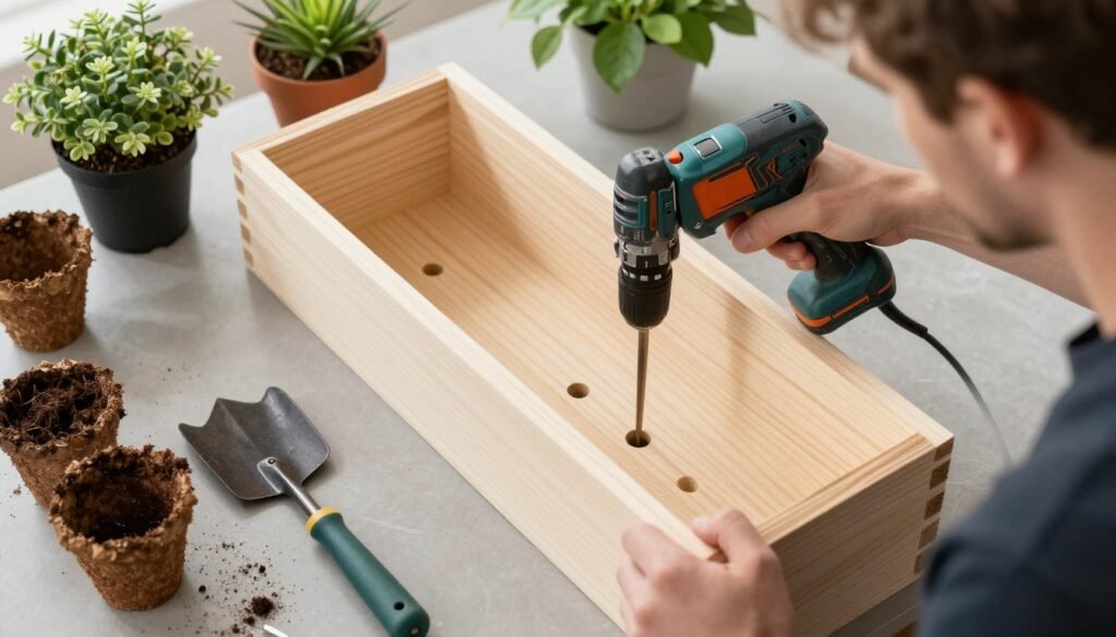A person drilling drainage holes in the bottom of a wooden planter box