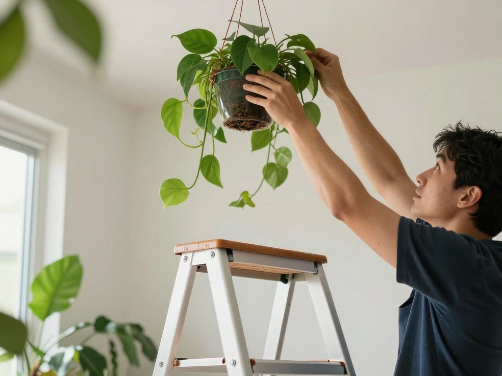 A person using a step stool to safely reach and inspect a hanging plant for maintenance