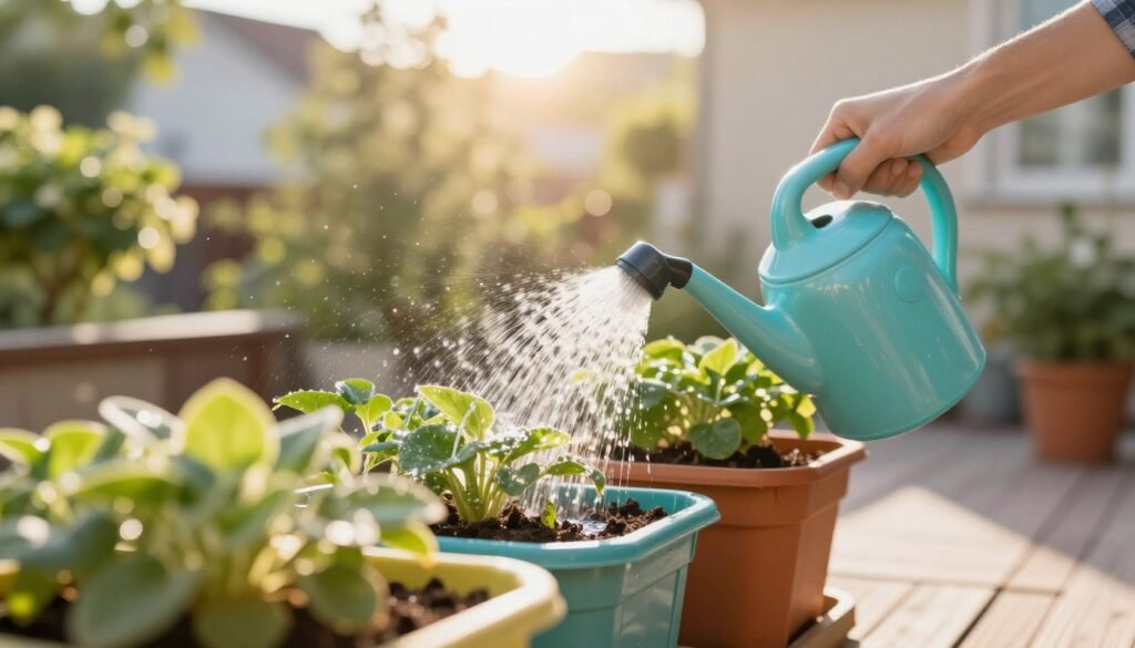 A person watering container plants in the early morning to prevent water evaporation