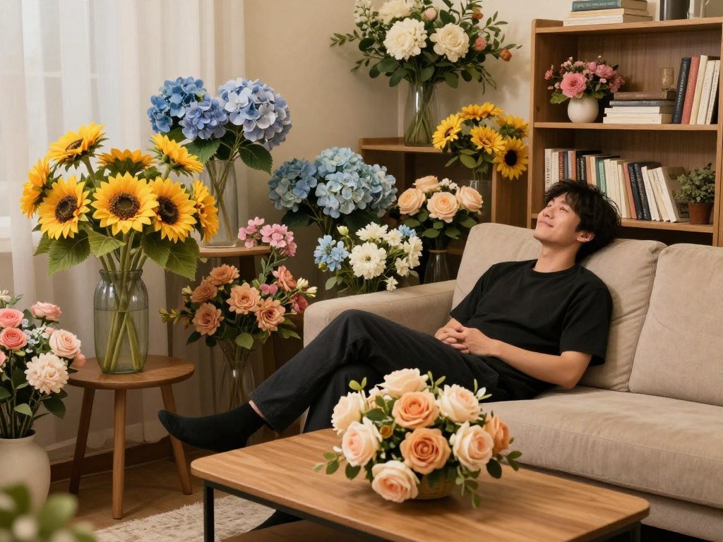 A person with allergies enjoying a room decorated with fake flowers decor, showing the allergy-friendly benefit A person with allergies enjoying a room decorated with fake flowers decor, showing the allergy-friendly benefit