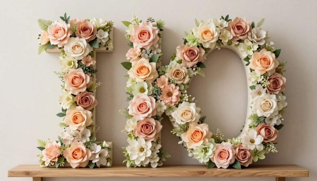 A personalized fake flowers decor monogram letter covered in artificial flowers A personalized fake flowers decor monogram letter covered in artificial flowers