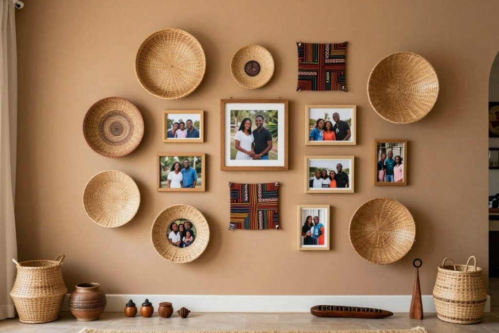 A personalized memory wall combining African baskets, family photos, and travel souvenirs A personalized memory wall combining African baskets, family photos, and travel souvenirs
