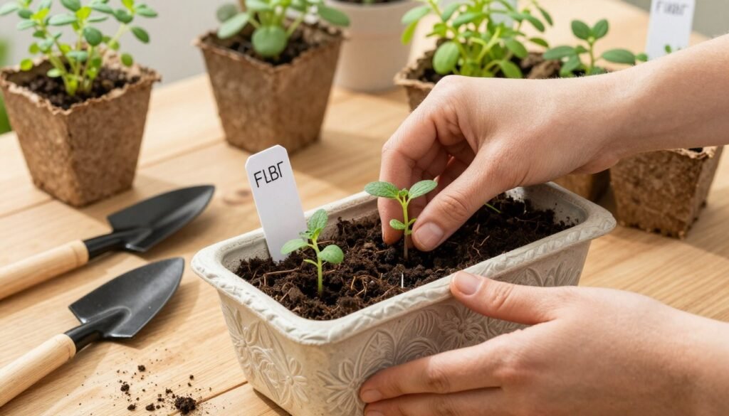 A person's hands planting herb seedlings in a beautiful container, with gardening tools and additional pots visible in the background A person's hands planting herb seedlings in a beautiful container, with gardening tools and additional pots visible in the background