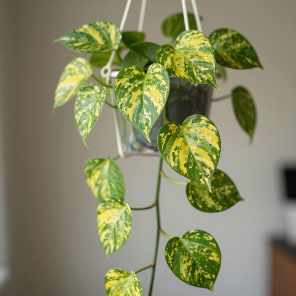 A pothos plant with variegated heart-shaped leaves cascading from a hanging planter