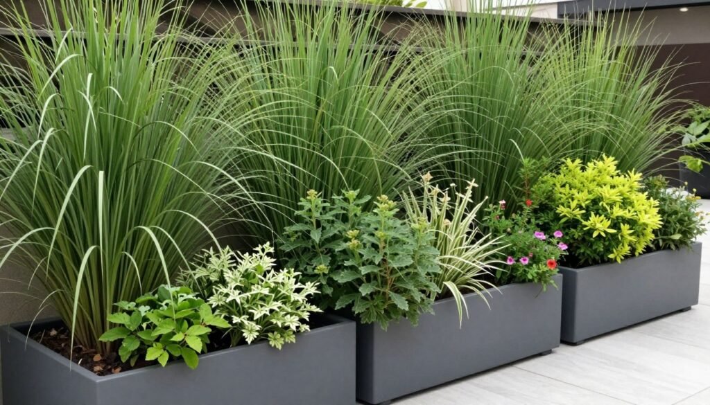 A privacy planter arrangement with mixed plant varieties creating a lush screen