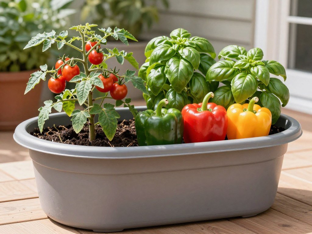A productive vegetable container garden with cherry tomatoes, peppers, and basil growing in a large pot