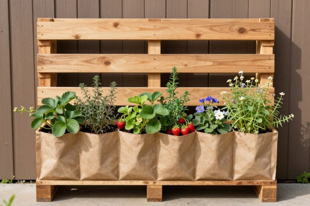 A repurposed wooden pallet mounted vertically with plants growing from between the slats