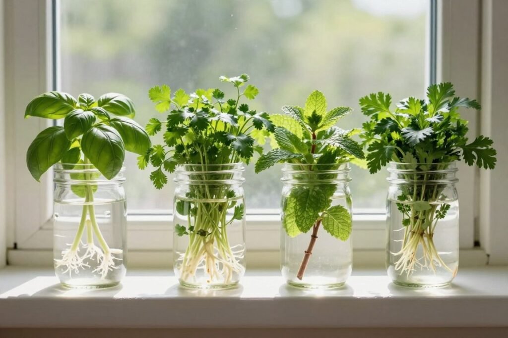 A row of clear mason jars with herbs growing in them, placed on a sunny windowsill with water visible at the bottom of each jar A row of clear mason jars with herbs growing in them, placed on a sunny windowsill with water visible at the bottom of each jar
