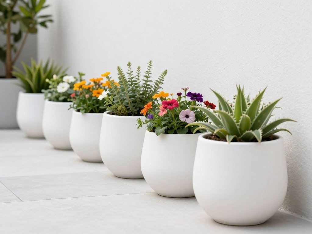 A row of sleek white ceramic planters with colorful flowers creating a clean minimalist display along a modern patio edge A row of sleek white ceramic planters with colorful flowers creating a clean minimalist display along a modern patio edge