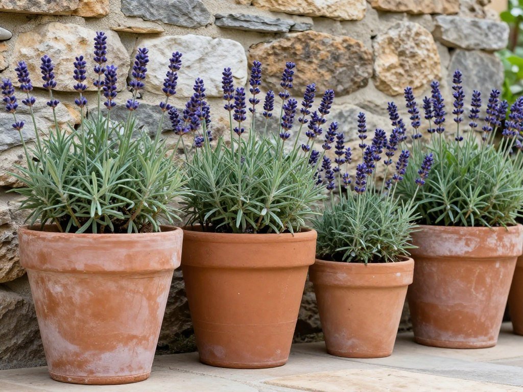 A row of terracotta flower planters with aged patina containing lavender plants against a stone wall, demonstrating the classic appeal of clay containers