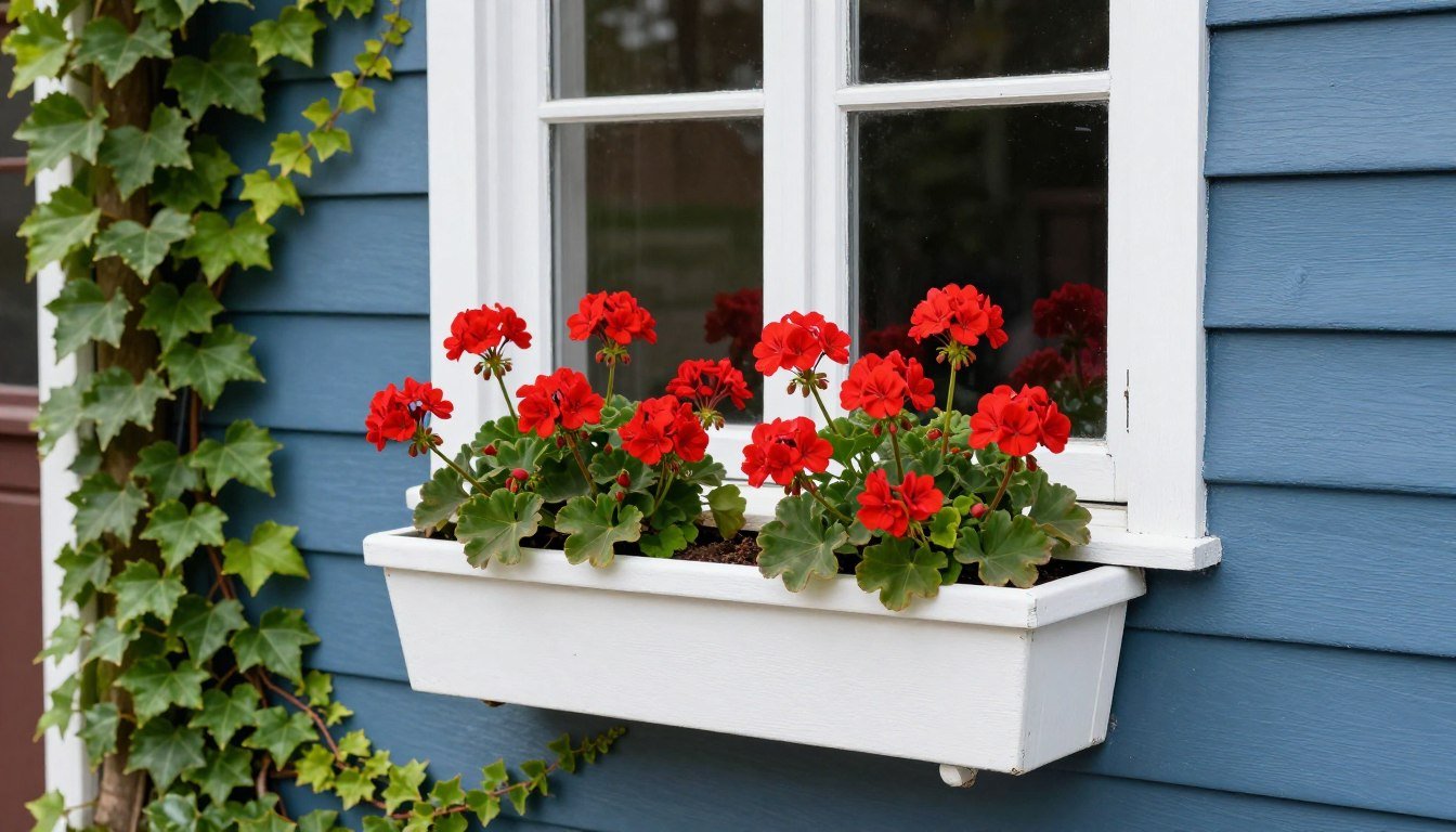 A row of white window planter boxes with vibrant red geraniums against a blue house exterior
